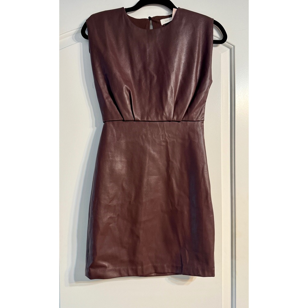 Bishop + Young Mini Dress NWTXS Brown Faux Leather Pleated Waist Chic Sleek